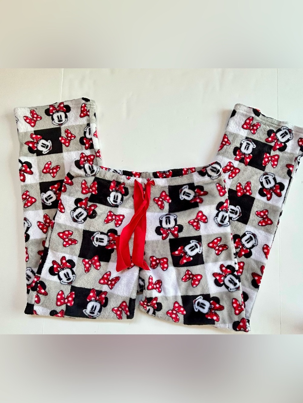 Disney Women’s Minnie Mouse Fleece Pajama Pants in White, Red & Black